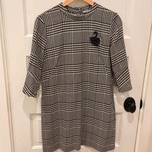 Black and White Plaid MiniDress with Sequin Swan Embellishment